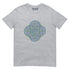 A sport grey Xigfireon graphic t-shirt featuring the Living Colour iteration of the `Reach Of The Spirit` Celtic knot design. The `Reach Of The Spirit` Celtic knot symbolizes the Earth.