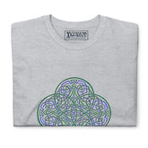 A folded sport grey Xigfireon graphic t-shirt featuring the Living Colour iteration of the `Reach Of The Spirit` Celtic knot design. The `Reach Of The Spirit` Celtic knot symbolizes the Earth.