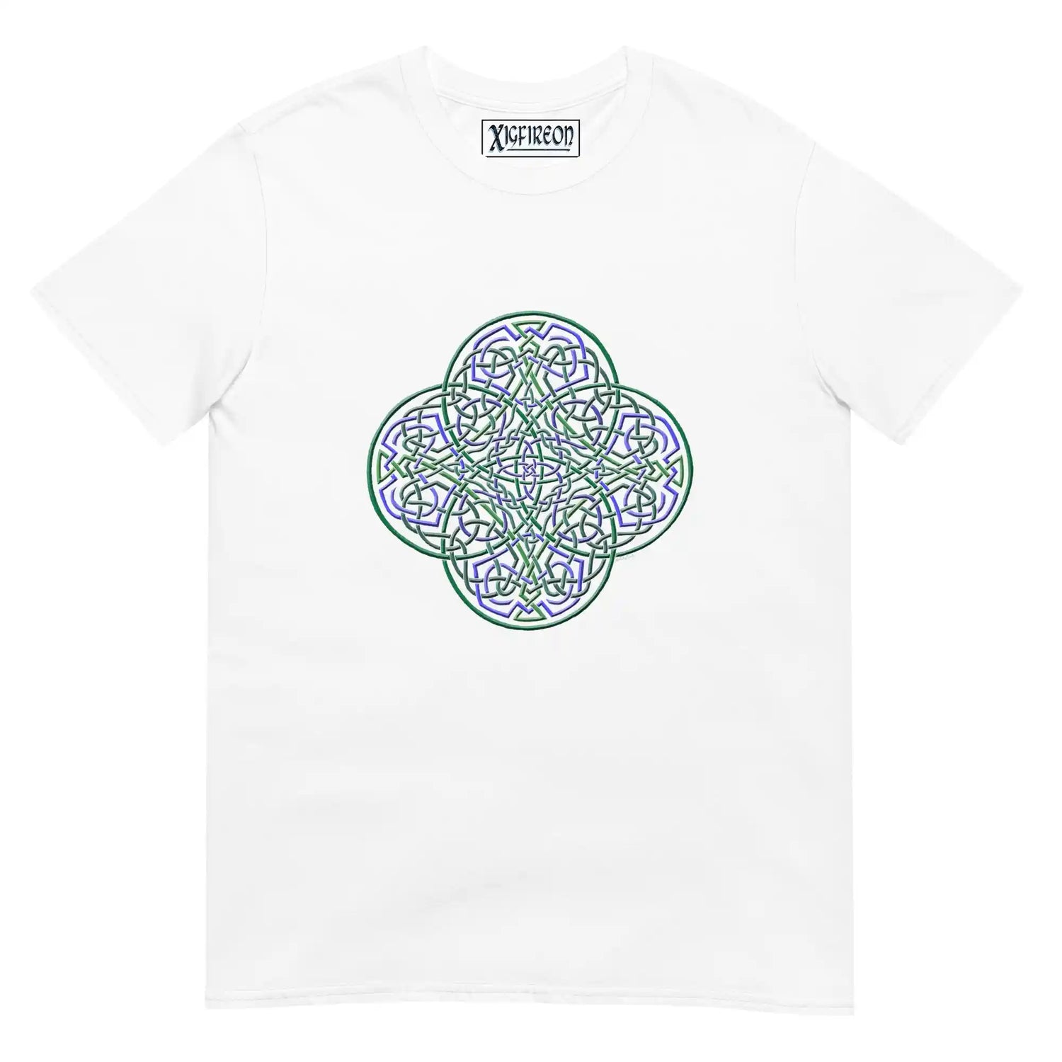 A white Xigfireon graphic t-shirt featuring the Living Colour iteration of the `Reach Of The Spirit` Celtic knot design. The `Reach Of The Spirit` Celtic knot symbolizes the Earth.