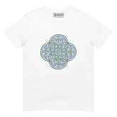 A white Xigfireon graphic t-shirt featuring the Living Colour iteration of the `Reach Of The Spirit` Celtic knot design. The `Reach Of The Spirit` Celtic knot symbolizes the Earth.