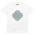 A white Xigfireon graphic t-shirt featuring the Living Colour iteration of the `Reach Of The Spirit` Celtic knot design. The `Reach Of The Spirit` Celtic knot symbolizes the Earth.