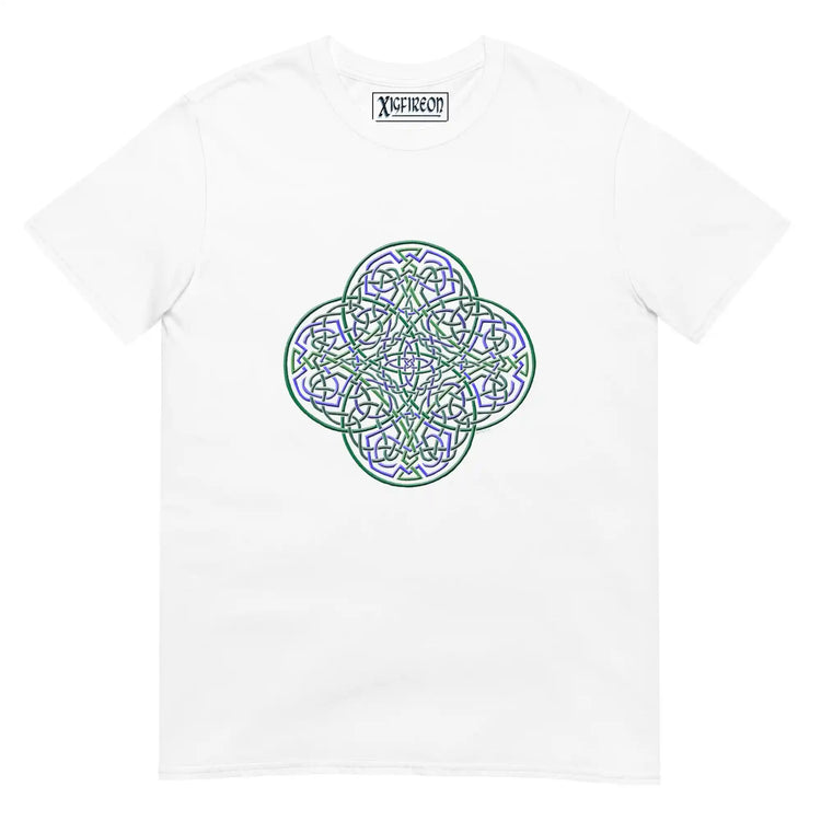 A white Xigfireon graphic t-shirt featuring the Living Colour iteration of the `Reach Of The Spirit` Celtic knot design. The `Reach Of The Spirit` Celtic knot symbolizes the Earth.