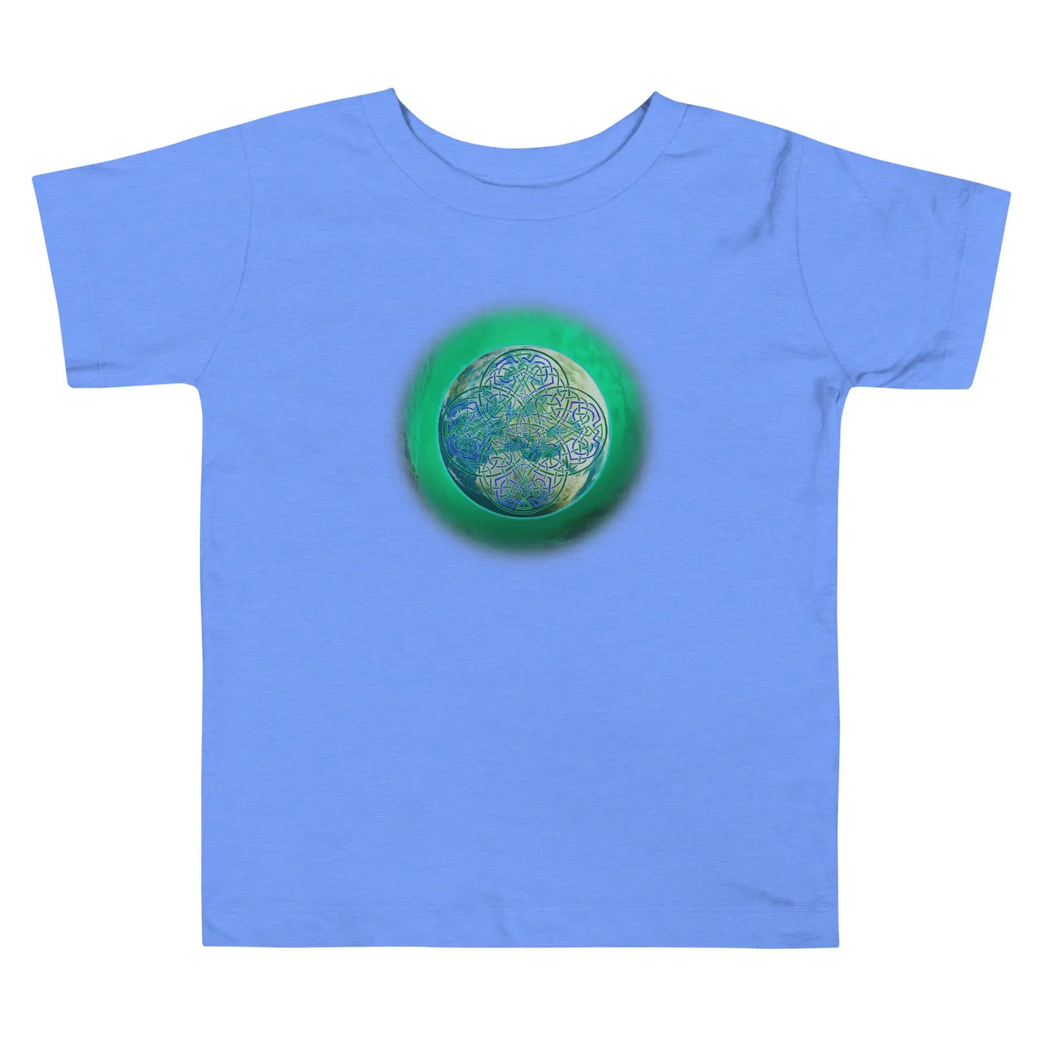 A heather Columbia blue Xigfireon toddler graphic t-shirt featuring the Deep Forest iteration of the `Reach Of The Spirit` Celtic knot design. The `Reach Of The Spirit` Celtic knot represents Earth.