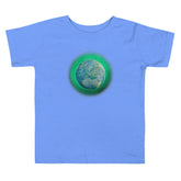 A heather Columbia blue Xigfireon toddler graphic t-shirt featuring the Deep Forest iteration of the `Reach Of The Spirit` Celtic knot design. The `Reach Of The Spirit` Celtic knot represents Earth.