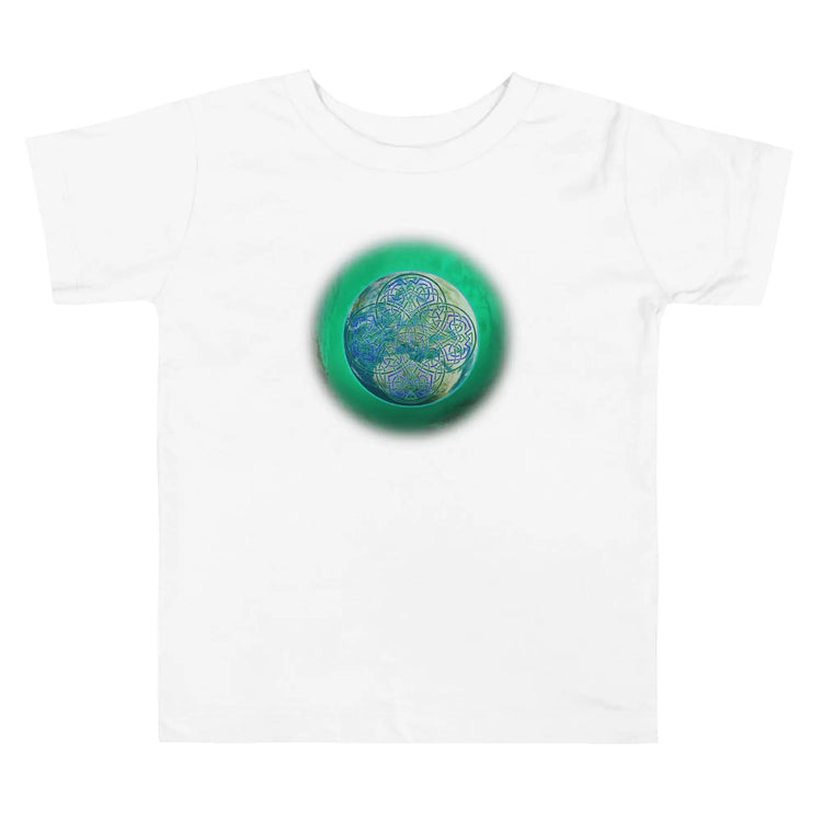 A white Xigfireon toddler graphic t-shirt featuring the Deep Forest iteration of the `Reach Of The Spirit` Celtic knot design. The `Reach Of The Spirit` Celtic knot symbolizes the Earth.