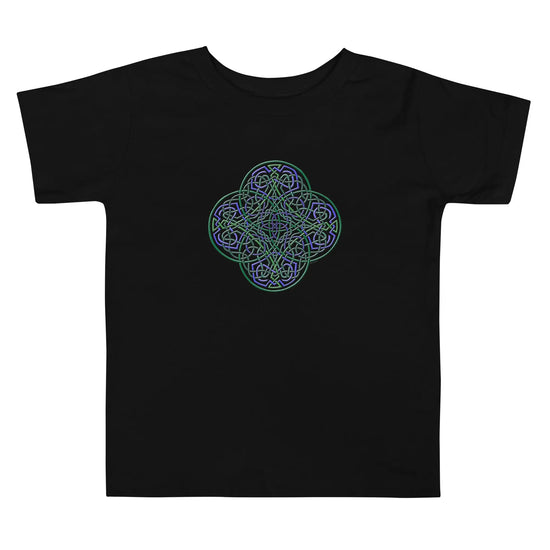 A black Xigfireon toddler graphic t-shirt featuring the Living Colour iteration of the `Reach Of The Spirit` Celtic knot design. The `Reach Of The Spirit` Celtic knot symbolizes Mother Earth.