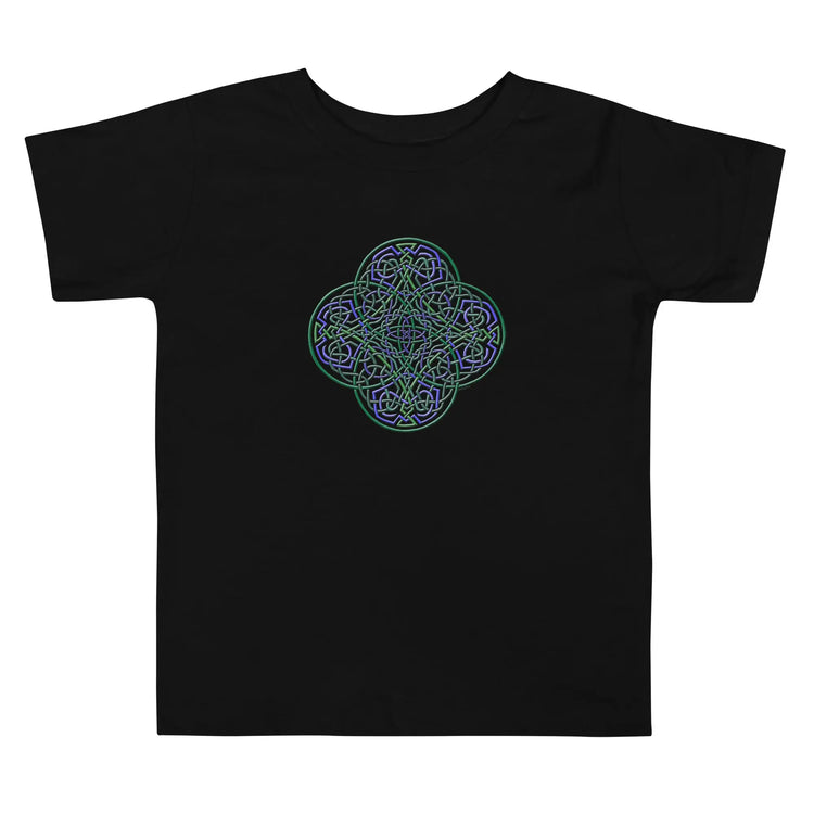 A black Xigfireon toddler graphic t-shirt featuring the Living Colour iteration of the `Reach Of The Spirit` Celtic knot design. The `Reach Of The Spirit` Celtic knot symbolizes Mother Earth.