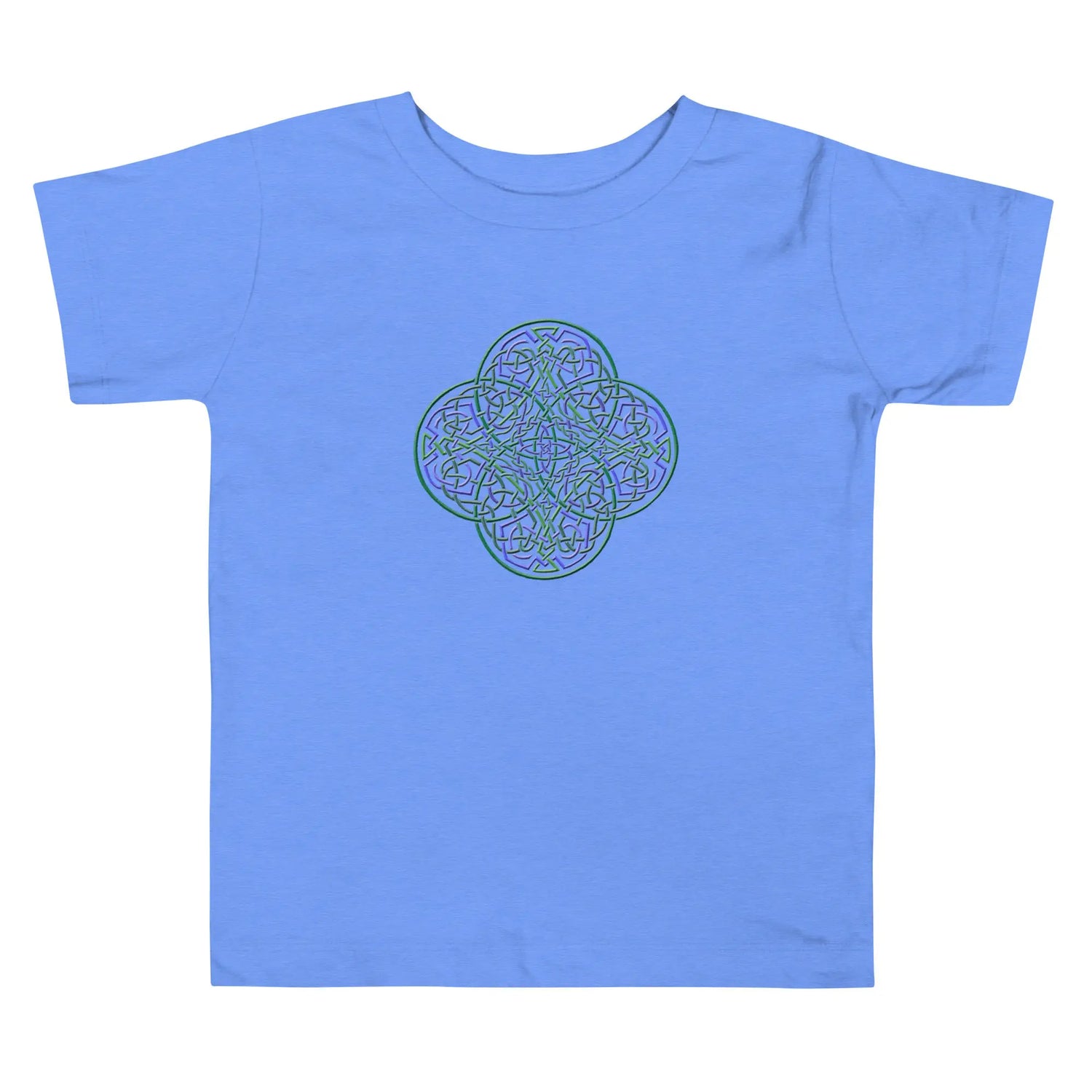 A heather Columbia blue Xigfireon toddler graphic t-shirt featuring the Living Colour iteration of the `Reach Of The Spirit` Celtic knot design. The `Reach Of The Spirit` Celtic knot symbolizes Mother Earth.