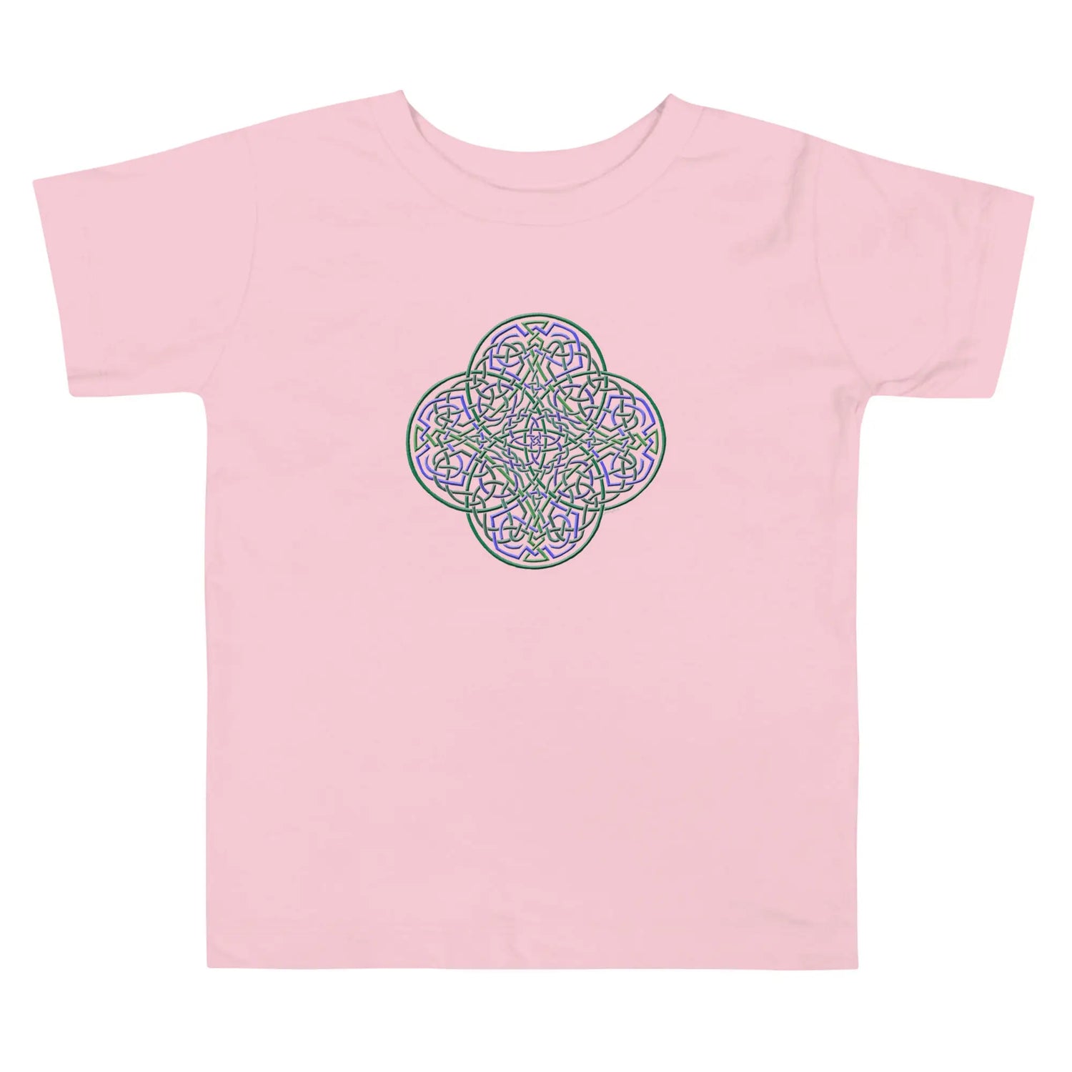 A pink Xigfireon toddler graphic t-shirt featuring the Living Colour iteration of the `Reach Of The Spirit` Celtic knot design. The `Reach Of The Spirit` Celtic knot represents Mother Earth.