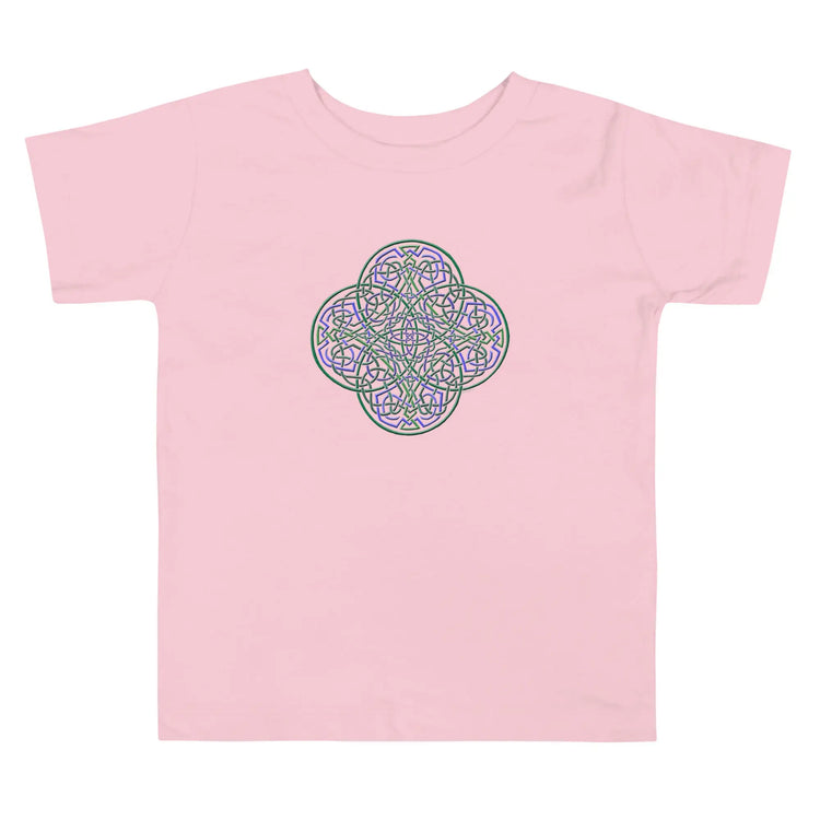 A pink Xigfireon toddler graphic t-shirt featuring the Living Colour iteration of the `Reach Of The Spirit` Celtic knot design. The `Reach Of The Spirit` Celtic knot represents Mother Earth.