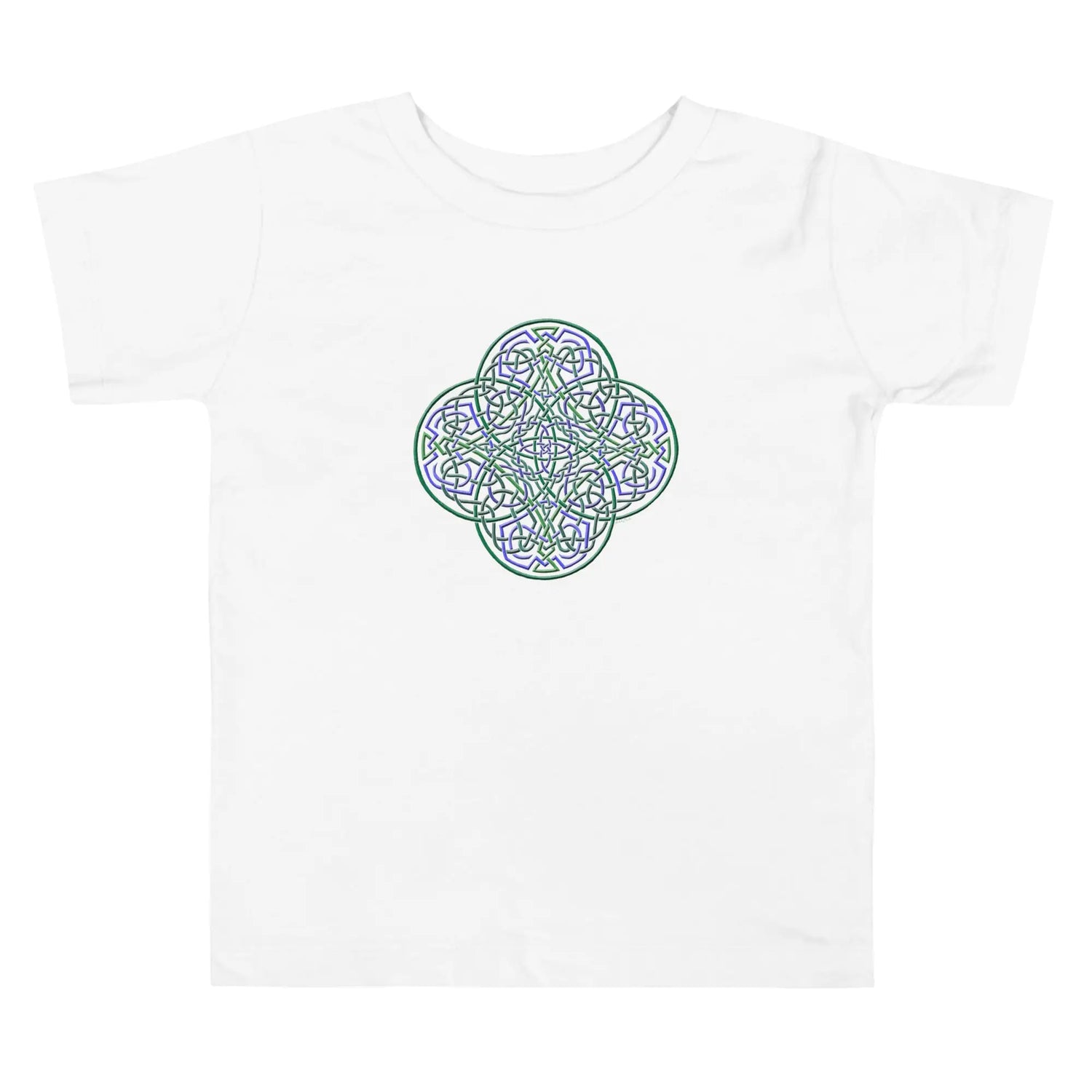 A white Xigfireon toddler graphic t-shirt featuring the Living Colour iteration of the `Reach Of The Spirit` Celtic knot design. The `Reach Of The Spirit` Celtic knot symbolizes Mother Earth.