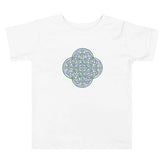 A white Xigfireon toddler graphic t-shirt featuring the Living Colour iteration of the `Reach Of The Spirit` Celtic knot design. The `Reach Of The Spirit` Celtic knot symbolizes Mother Earth.