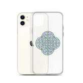 An iPhone 11 behind a Xigfireon clear phone case featuring the Living Colour iteration of the `Reach Of The Spirit` Celtic knot design. The `Reach Of The Spirit` Celtic knot design represents Mother Earth.