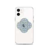 An iPhone 12 in a Xigfireon clear phone case featuring the Living Colour iteration of the `Reach Of The Spirit` Celtic knot design. The `Reach Of The Spirit` Celtic knot design represents Mother Earth.
