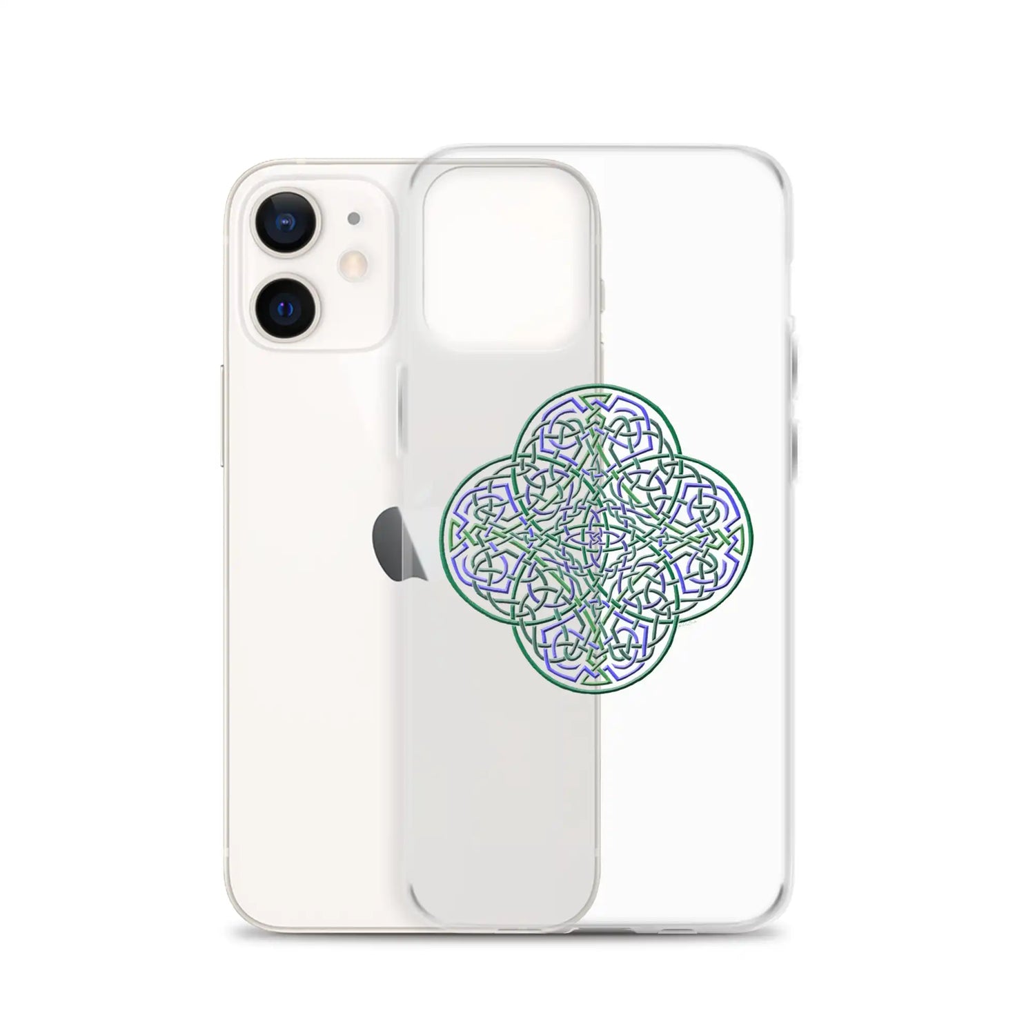 An iPhone 12 behind a Xigfireon clear phone case featuring the Living Colour iteration of the `Reach Of The Spirit` Celtic knot design. The `Reach Of The Spirit` Celtic knot design represents Mother Earth.