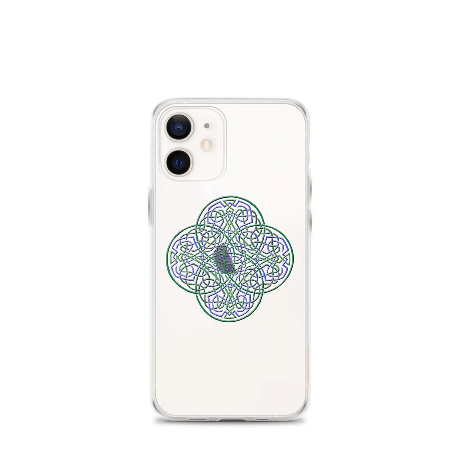 An iPhone 12 Mini in a Xigfireon clear phone case featuring the Living Colour iteration of the `Reach Of The Spirit` Celtic knot design. The `Reach Of The Spirit` Celtic knot design represents Mother Earth.
