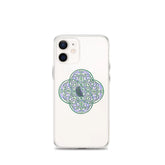 An iPhone 12 Mini in a Xigfireon clear phone case featuring the Living Colour iteration of the `Reach Of The Spirit` Celtic knot design. The `Reach Of The Spirit` Celtic knot design represents Mother Earth.
