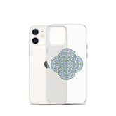 An iPhone 12 Mini behind a Xigfireon clear phone case featuring the Living Colour iteration of the `Reach Of The Spirit` Celtic knot design. The `Reach Of The Spirit` Celtic knot design represents Mother Earth.