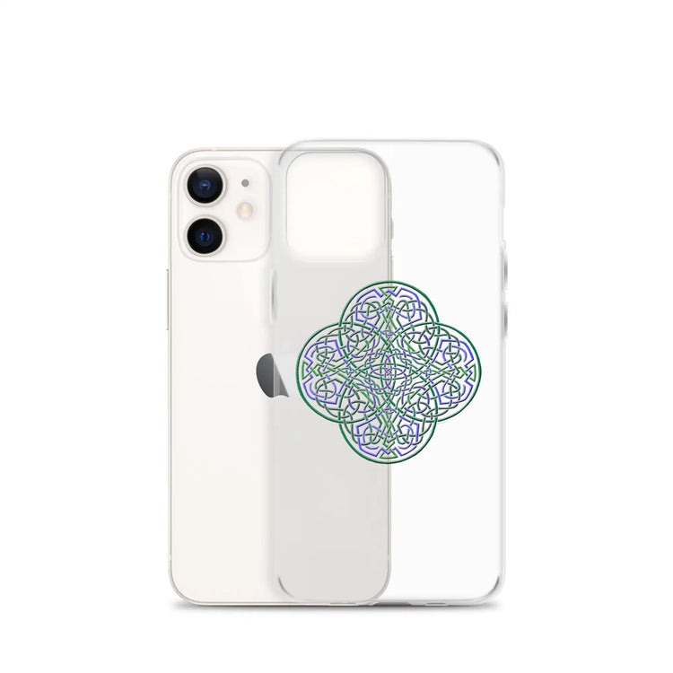 An iPhone 12 Mini behind a Xigfireon clear phone case featuring the Living Colour iteration of the `Reach Of The Spirit` Celtic knot design. The `Reach Of The Spirit` Celtic knot design represents Mother Earth.