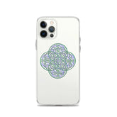 An iPhone 12 Pro in a Xigfireon clear phone case featuring the Living Colour iteration of the `Reach Of The Spirit` Celtic knot design. The `Reach Of The Spirit` Celtic knot design represents Mother Earth.