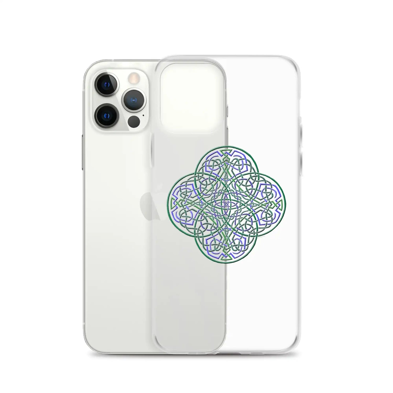 An iPhone 12 Pro behind a Xigfireon clear phone case featuring the Living Colour iteration of the `Reach Of The Spirit` Celtic knot design. The `Reach Of The Spirit` Celtic knot design represents Mother Earth.