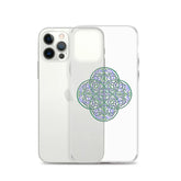 An iPhone 12 Pro behind a Xigfireon clear phone case featuring the Living Colour iteration of the `Reach Of The Spirit` Celtic knot design. The `Reach Of The Spirit` Celtic knot design represents Mother Earth.