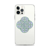 An iPhone 12 Pro Max in a Xigfireon clear phone case featuring the Living Colour iteration of the `Reach Of The Spirit` Celtic knot design. The `Reach Of The Spirit` Celtic knot design represents Mother Earth.