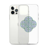 An iPhone 12 Pro Max behind a Xigfireon clear phone case featuring the Living Colour iteration of the `Reach Of The Spirit` Celtic knot design. The `Reach Of The Spirit` Celtic knot design represents Mother Earth.