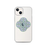 An iPhone 13 in a Xigfireon clear phone case featuring the Living Colour iteration of the `Reach Of The Spirit` Celtic knot design. The `Reach Of The Spirit` Celtic knot design represents Mother Earth.