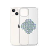 An iPhone 13 behind a Xigfireon clear phone case featuring the Living Colour iteration of the `Reach Of The Spirit` Celtic knot design. The `Reach Of The Spirit` Celtic knot design represents Mother Earth.