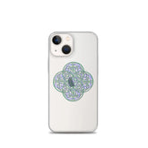 An iPhone 13 Mini in a Xigfireon clear phone case featuring the Living Colour iteration of the `Reach Of The Spirit` Celtic knot design. The `Reach Of The Spirit` Celtic knot design represents Mother Earth.