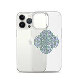 An iPhone 13 Pro behind a Xigfireon clear phone case featuring the Living Colour iteration of the `Reach Of The Spirit` Celtic knot design. The `Reach Of The Spirit` Celtic knot design represents Mother Earth.