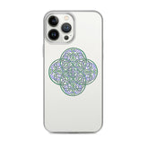 An iPhone 13 Pro Max in a Xigfireon clear phone case featuring the Living Colour iteration of the `Reach Of The Spirit` Celtic knot design. The `Reach Of The Spirit` Celtic knot design represents Mother Earth.