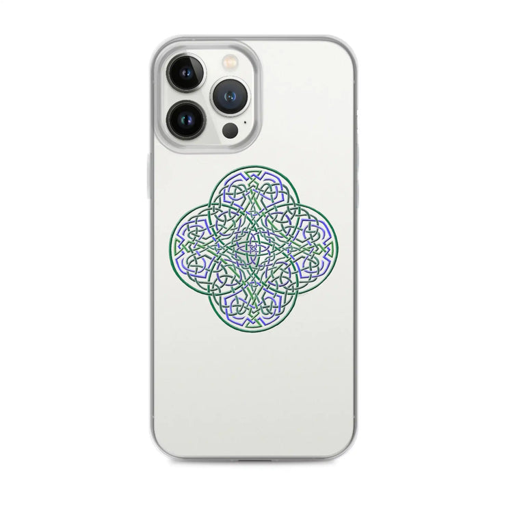 An iPhone 13 Pro Max in a Xigfireon clear phone case featuring the Living Colour iteration of the `Reach Of The Spirit` Celtic knot design. The `Reach Of The Spirit` Celtic knot design represents Mother Earth.