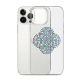 An iPhone 13 Pro behind a Xigfireon clear phone case featuring the Living Colour iteration of the `Reach Of The Spirit` Celtic knot design. The `Reach Of The Spirit` Celtic knot design represents Mother Earth.