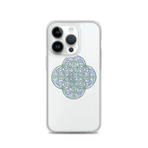 An iPhone 14 Pro in a Xigfireon clear phone case featuring the Living Colour iteration of the `Reach Of The Spirit` Celtic knot design. The `Reach Of The Spirit` Celtic knot design represents Mother Earth.