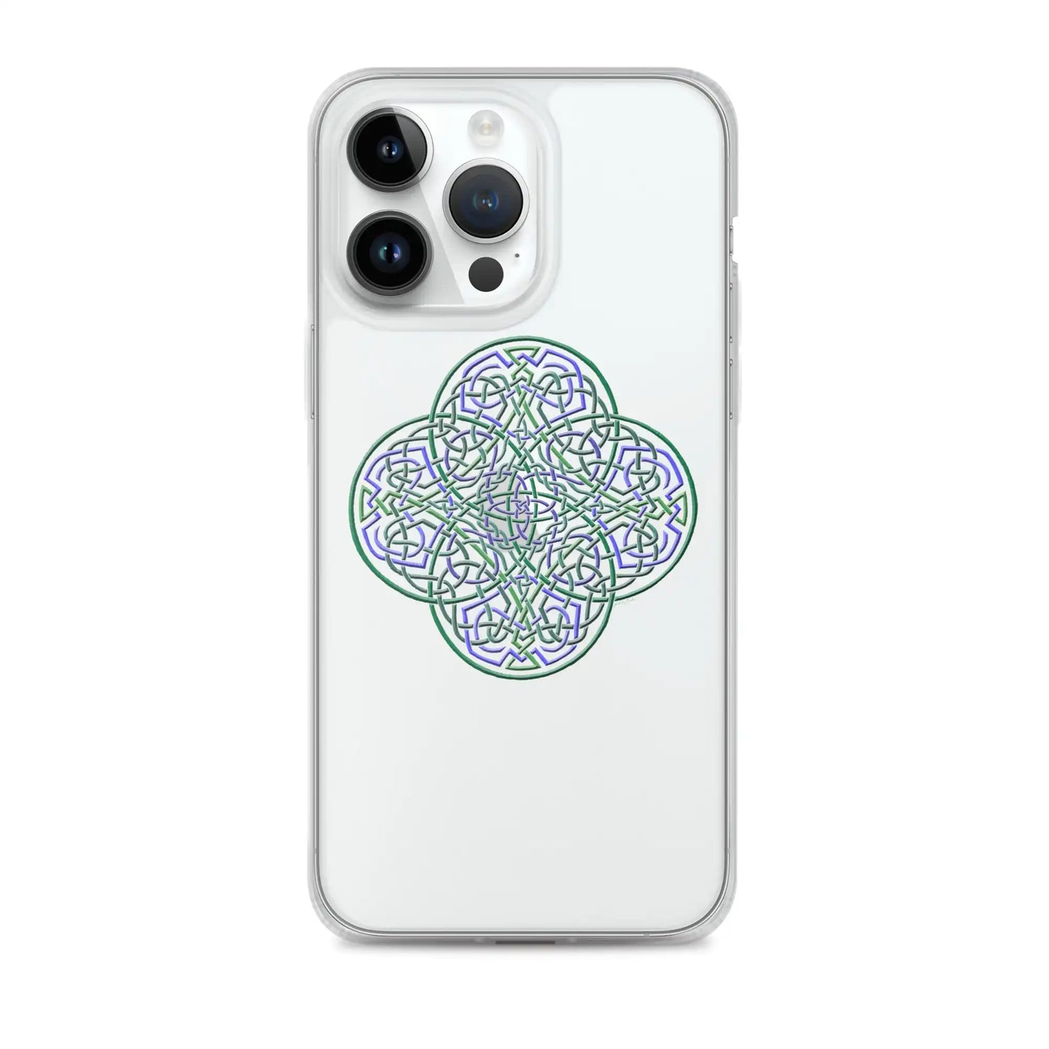 An iPhone 14 Pro Max in a Xigfireon clear phone case featuring the Living Colour iteration of the `Reach Of The Spirit` Celtic knot design. The `Reach Of The Spirit` Celtic knot design represents Mother Earth.