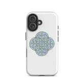 An iPhone 16 in a Xigfireon matte white tough phone case featuring the Living Colour iteration of the `Reach Of The Spirit` Celtic knot design. The `Reach Of The Spirit` Celtic knot symbolizes Mother Earth.