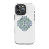 An iPhone 16 Pro Max in a Xigfireon matte white tough phone case featuring the Living Colour iteration of the `Reach Of The Spirit` Celtic knot design. The `Reach Of The Spirit` Celtic knot represents the Earth.