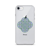 An iPhone 8 in a Xigfireon clear phone case featuring the Living Colour iteration of the `Reach Of The Spirit` Celtic knot design. The `Reach Of The Spirit` Celtic knot design represents Mother Earth.