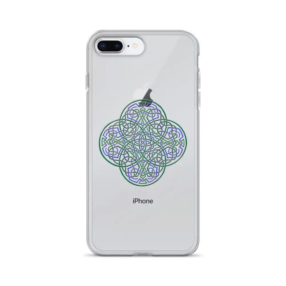 An iPhone 8 Plus in a Xigfireon clear phone case featuring the Living Colour iteration of the `Reach Of The Spirit` Celtic knot design. The `Reach Of The Spirit` Celtic knot design represents Mother Earth.