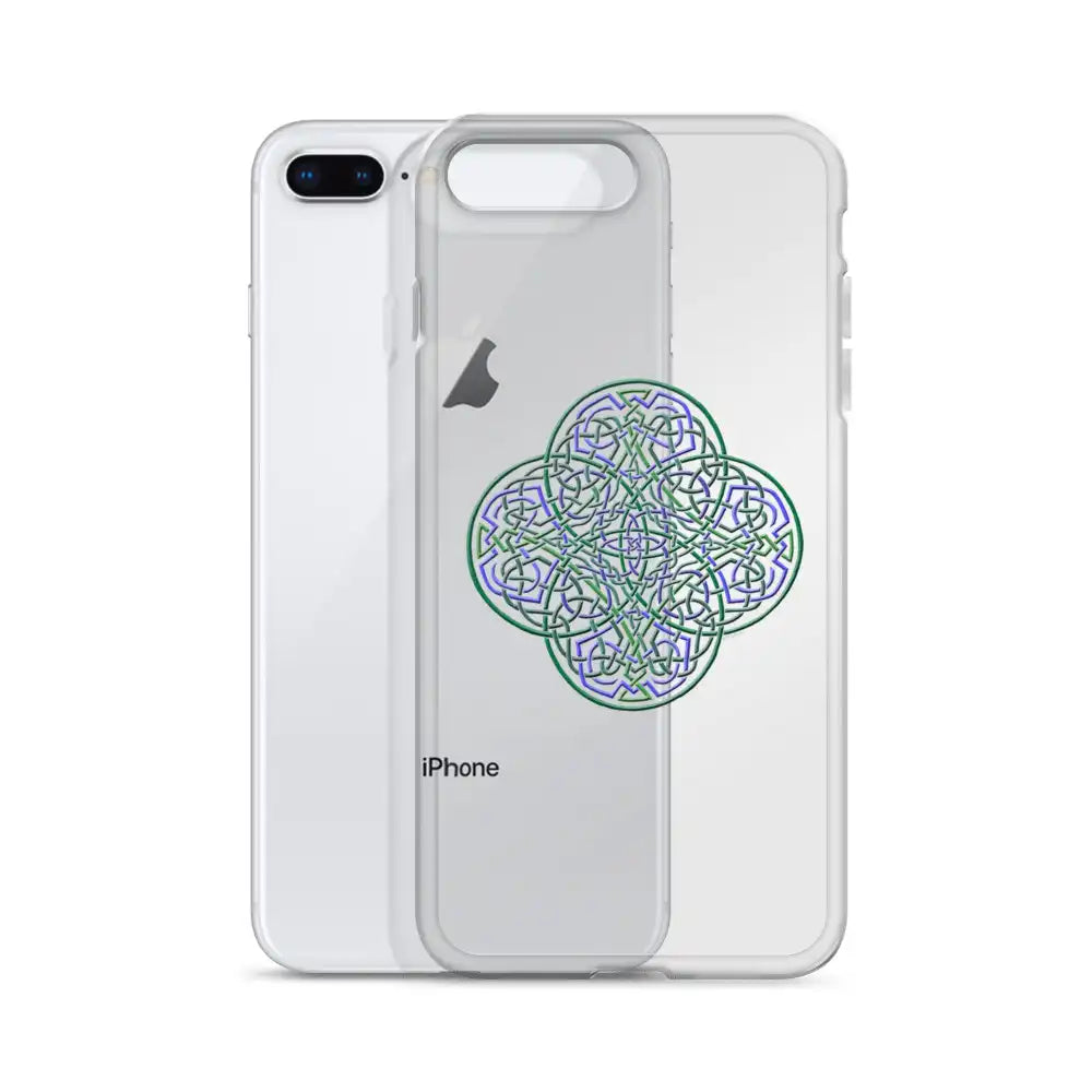 An iPhone 8 Plus behind a Xigfireon clear phone case featuring the Living Colour iteration of the `Reach Of The Spirit` Celtic knot design. The `Reach Of The Spirit` Celtic knot design represents Mother Earth.