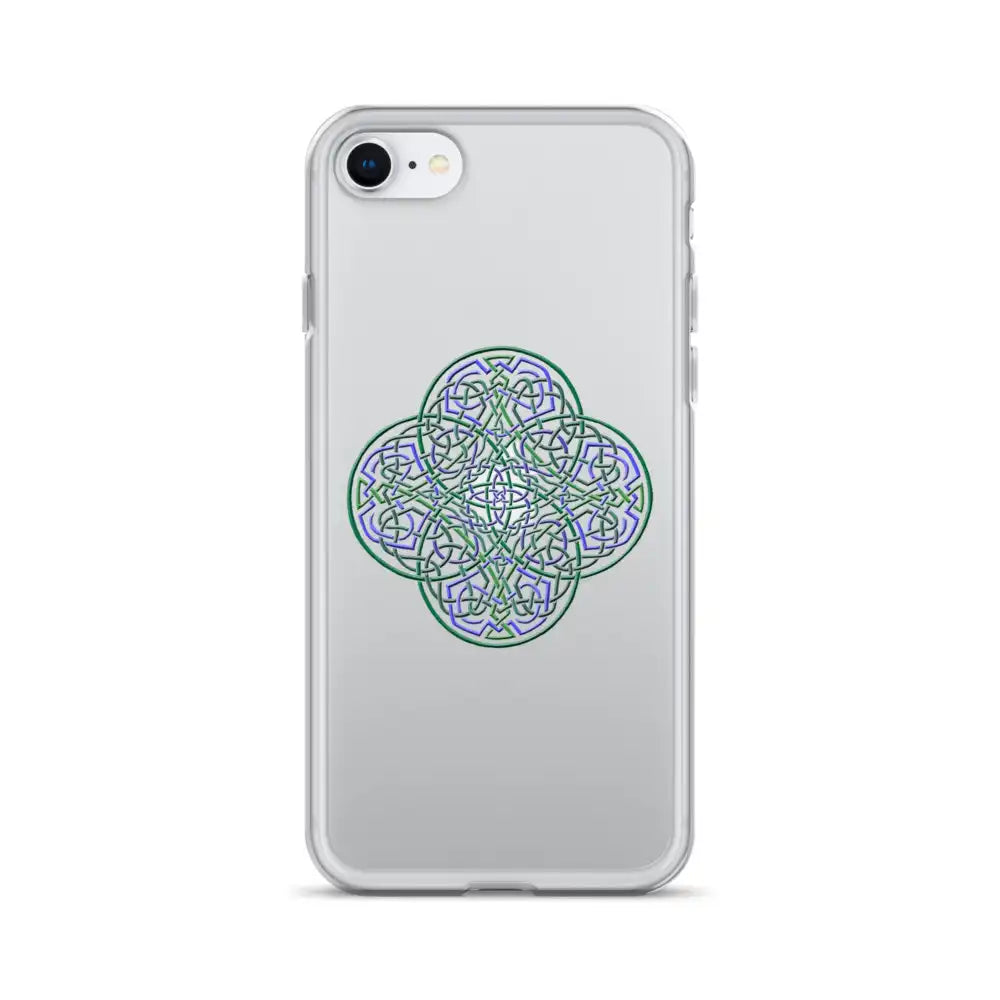 An iPhone SE in a Xigfireon clear phone case featuring the Living Colour iteration of the `Reach Of The Spirit` Celtic knot design. The `Reach Of The Spirit` Celtic knot design represents Mother Earth.