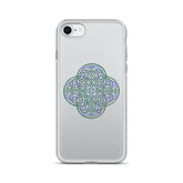 An iPhone SE in a Xigfireon clear phone case featuring the Living Colour iteration of the `Reach Of The Spirit` Celtic knot design. The `Reach Of The Spirit` Celtic knot design represents Mother Earth.