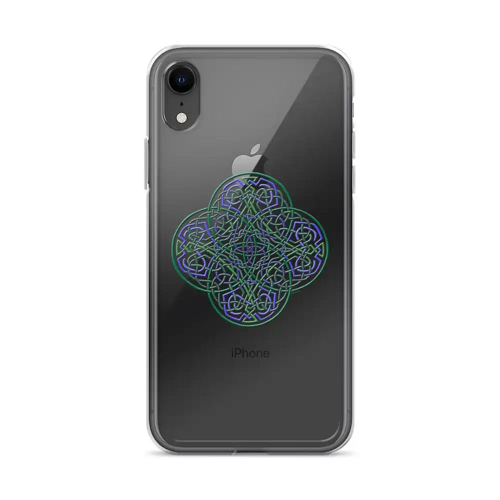 An iPhone XR in a Xigfireon clear phone case featuring the Living Colour iteration of the `Reach Of The Spirit` Celtic knot design. The `Reach Of The Spirit` Celtic knot design represents Mother Earth.