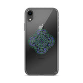 An iPhone XR in a Xigfireon clear phone case featuring the Living Colour iteration of the `Reach Of The Spirit` Celtic knot design. The `Reach Of The Spirit` Celtic knot design represents Mother Earth.