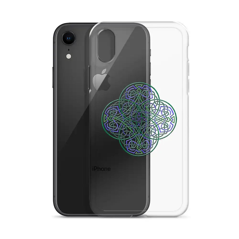 An iPhone XR behind a Xigfireon clear phone case featuring the Living Colour iteration of the `Reach Of The Spirit` Celtic knot design. The `Reach Of The Spirit` Celtic knot design represents Mother Earth.