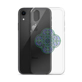 An iPhone XR behind a Xigfireon clear phone case featuring the Living Colour iteration of the `Reach Of The Spirit` Celtic knot design. The `Reach Of The Spirit` Celtic knot design represents Mother Earth.