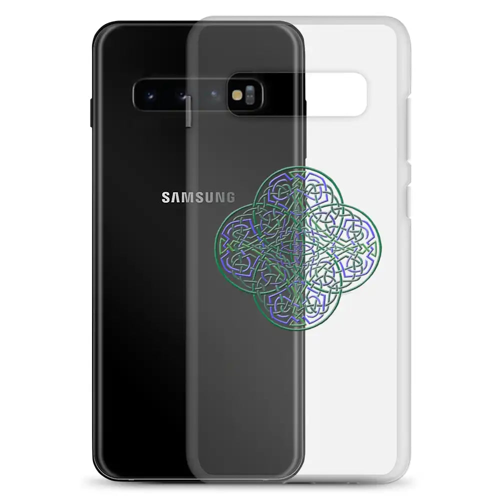 A Samsung Galaxy S10+ behind a Xigfireon clear phone case featuring the Living Colour iteration of the `Reach Of The Spirit` Celtic knot design. The `Reach Of The Spirit` Celtic knot design represents Mother Earth.