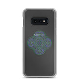 A Samsung Galaxy S10E with a Xigfireon clear phone case featuring the Living Colour iteration of the `Reach Of The Spirit` Celtic knot design. The `Reach Of The Spirit` Celtic knot design represents Mother Earth.